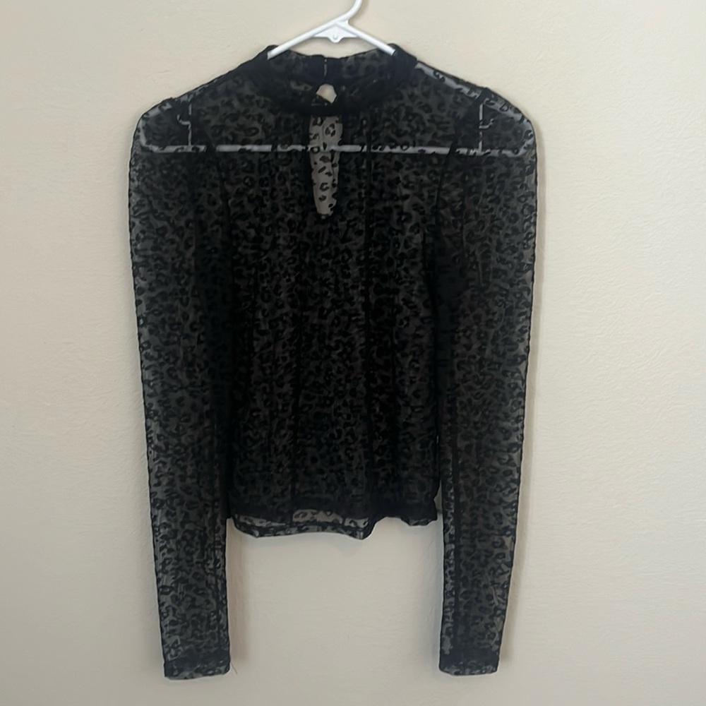 Black sheer, mock turtle neck, leopard print crop top.  Size small